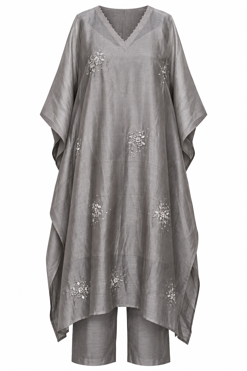 Silvery Gray Embellished Kaftan Set