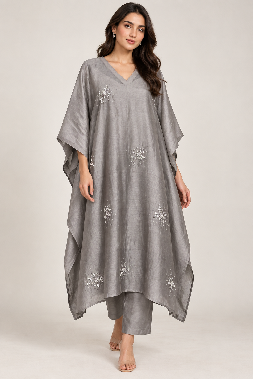 Silvery Gray Embellished Kaftan Set