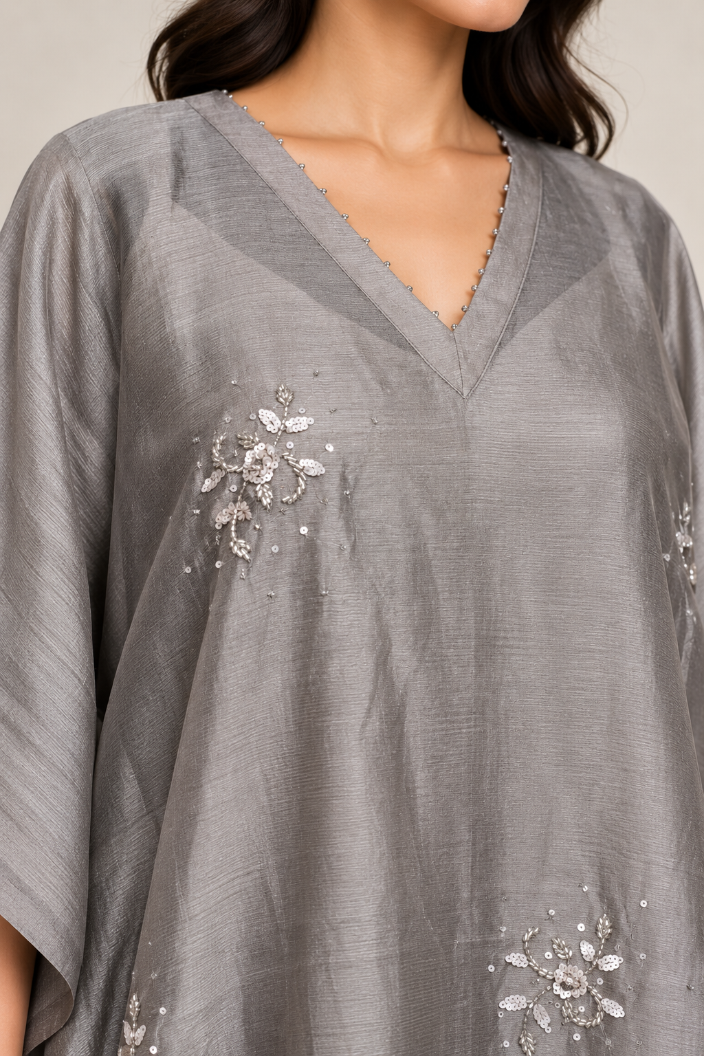 Silvery Gray Embellished Kaftan Set