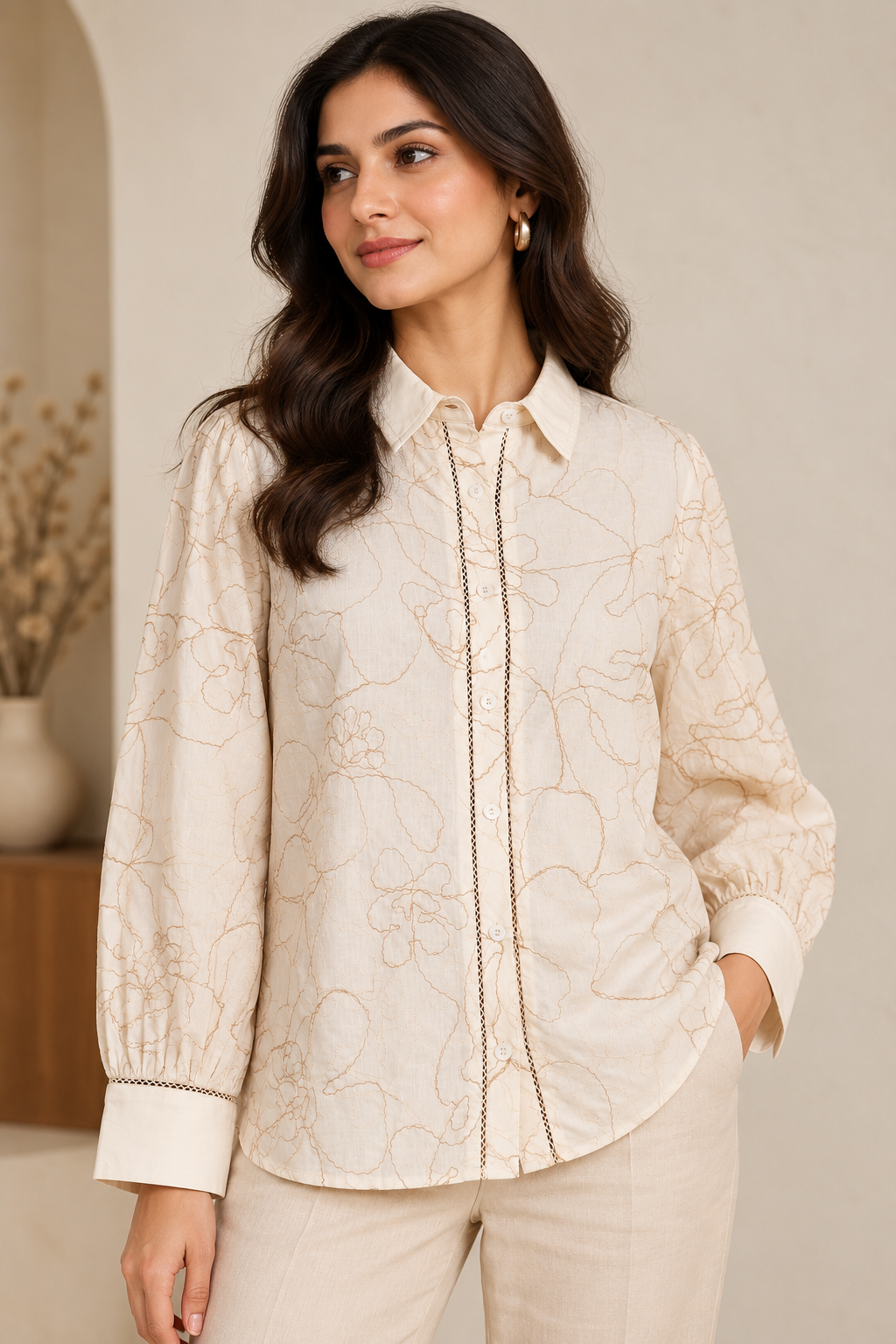 Ivory Embroidered Lace-Detail Shirt