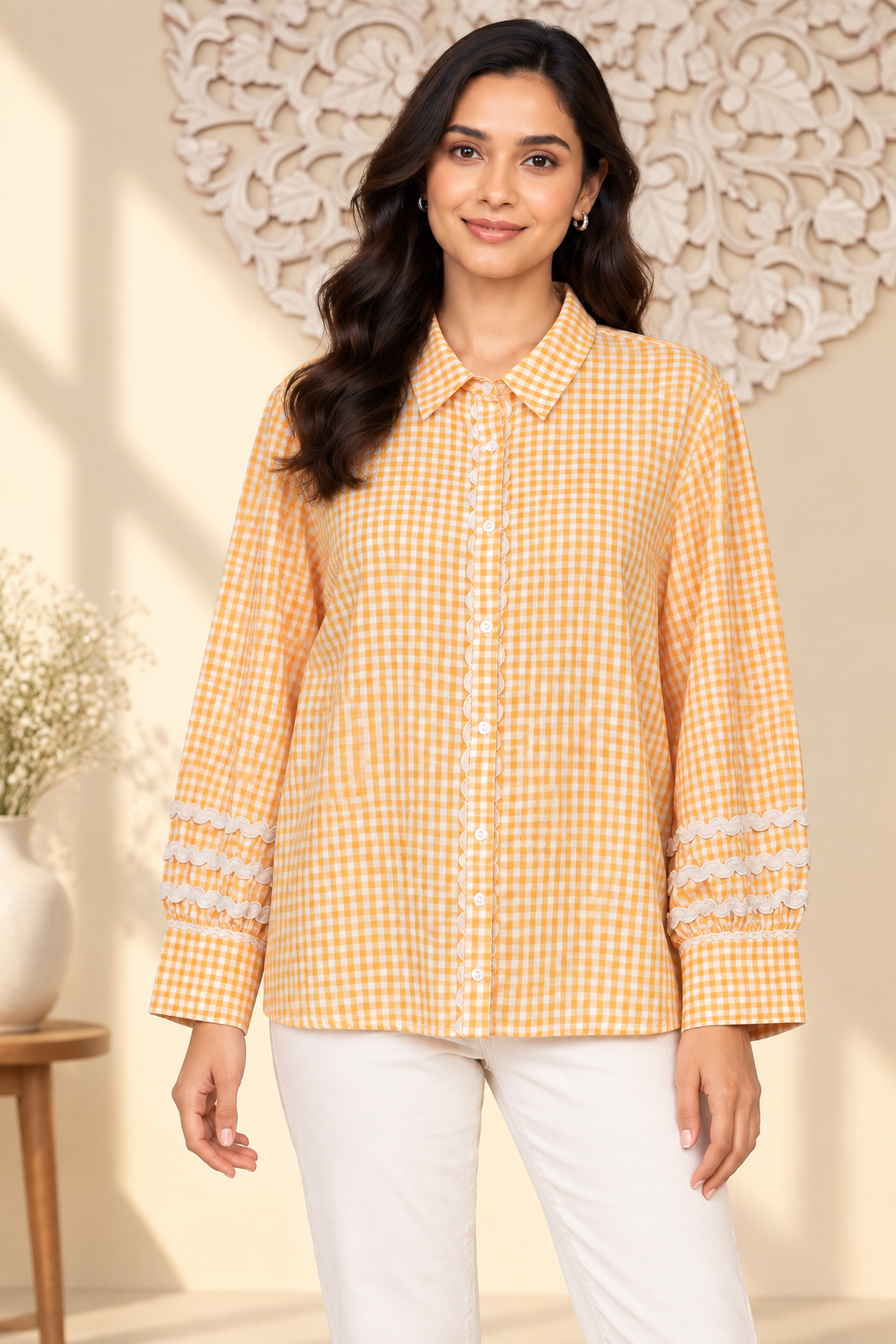 Gingham Lace Trim Shirt