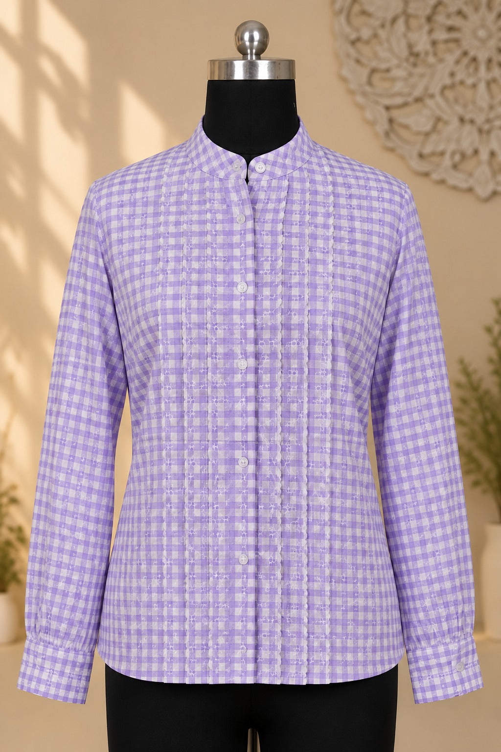Lavender Gingham Embroidered Blouse