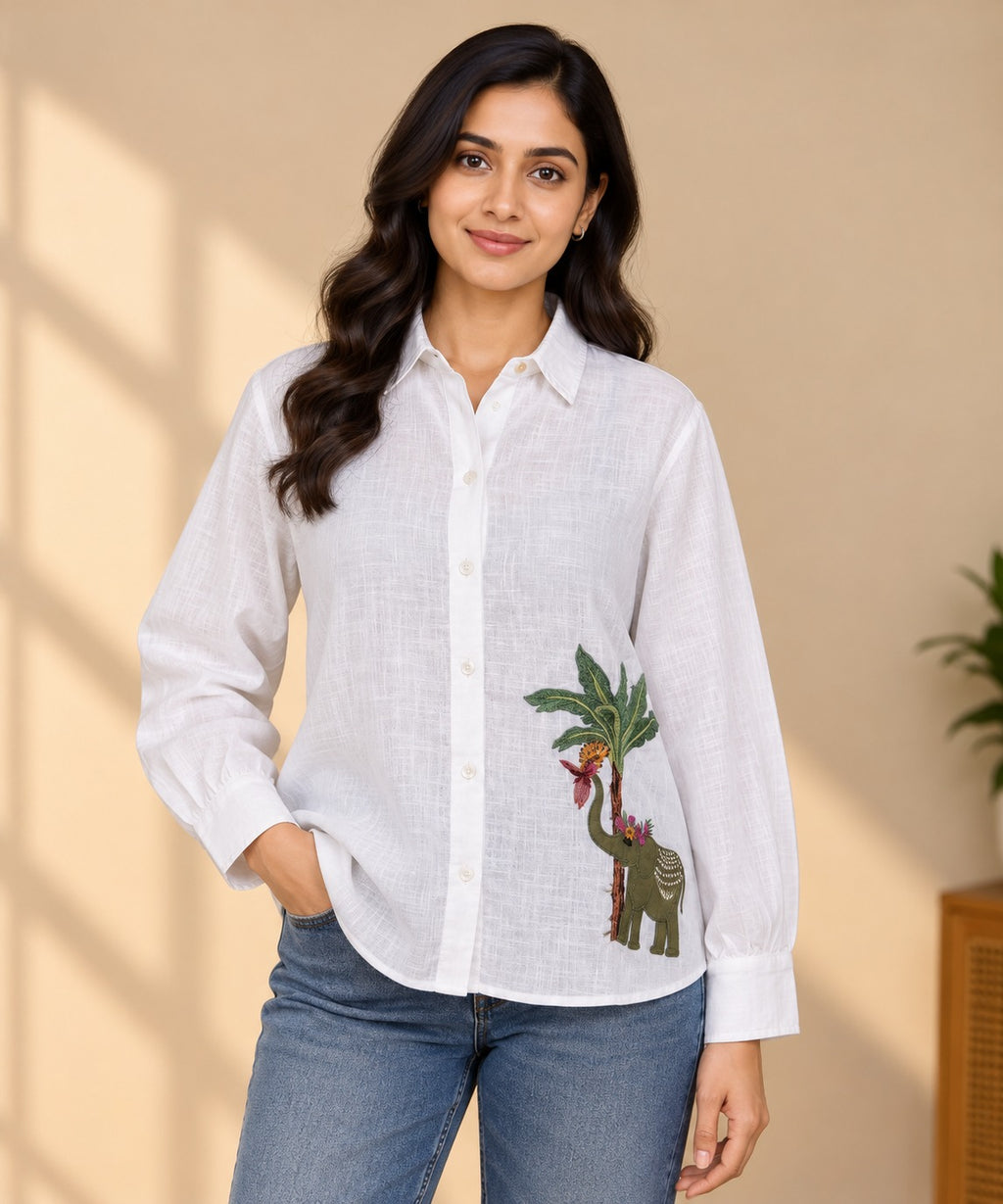 Embroidered Elephant Linen Shirt