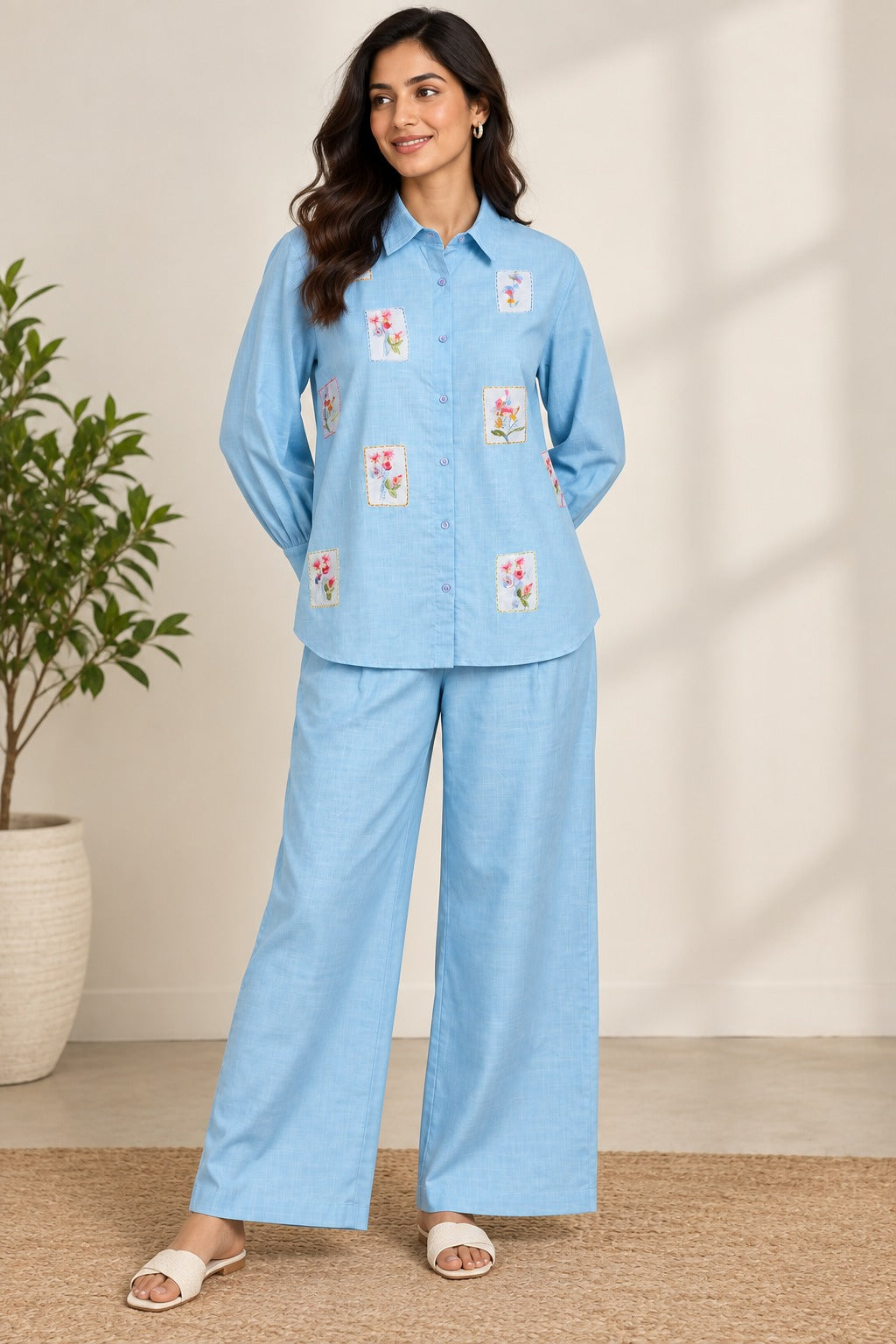 Pastel Blue Embroidered cord set