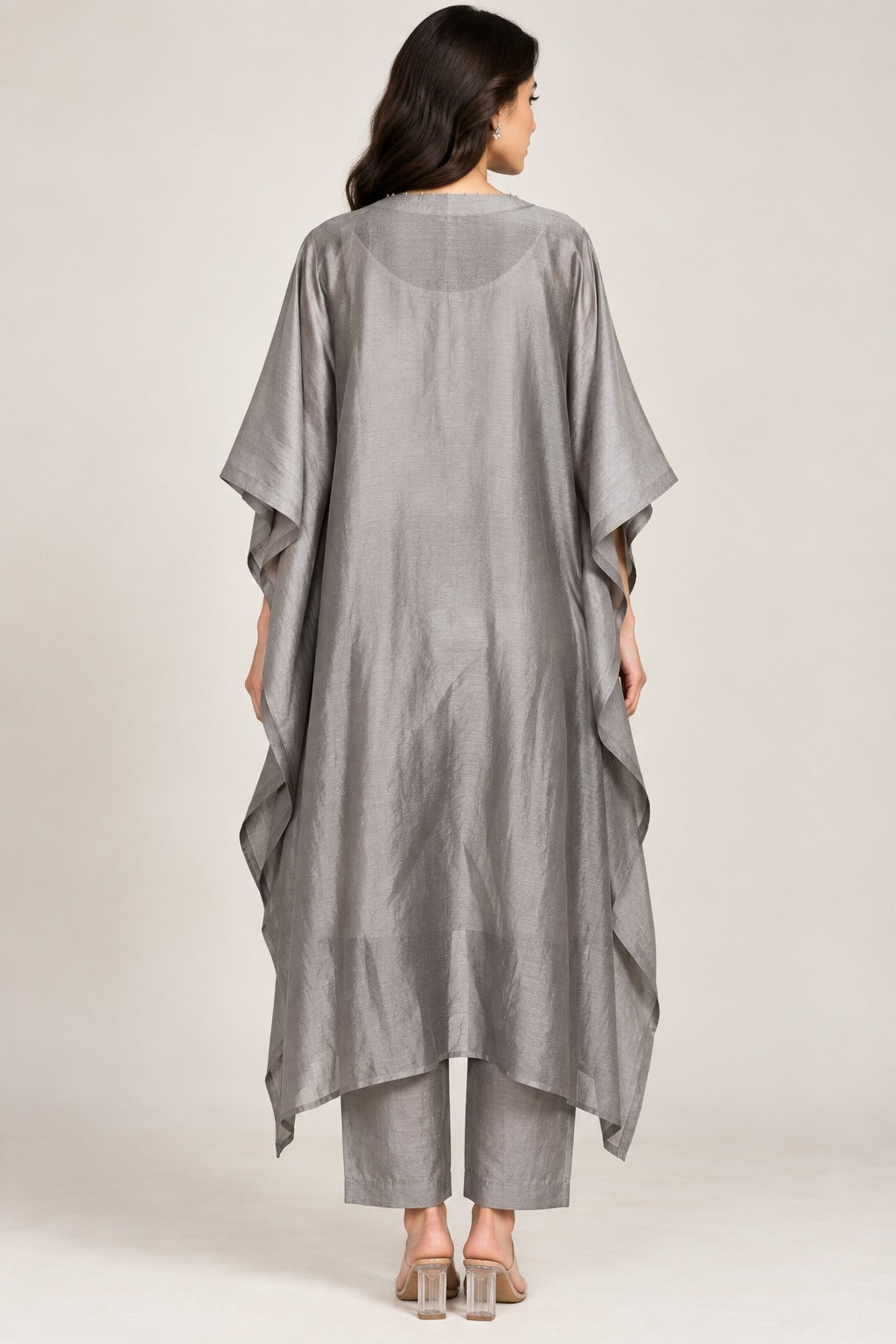 Silvery Gray Embellished Kaftan Set