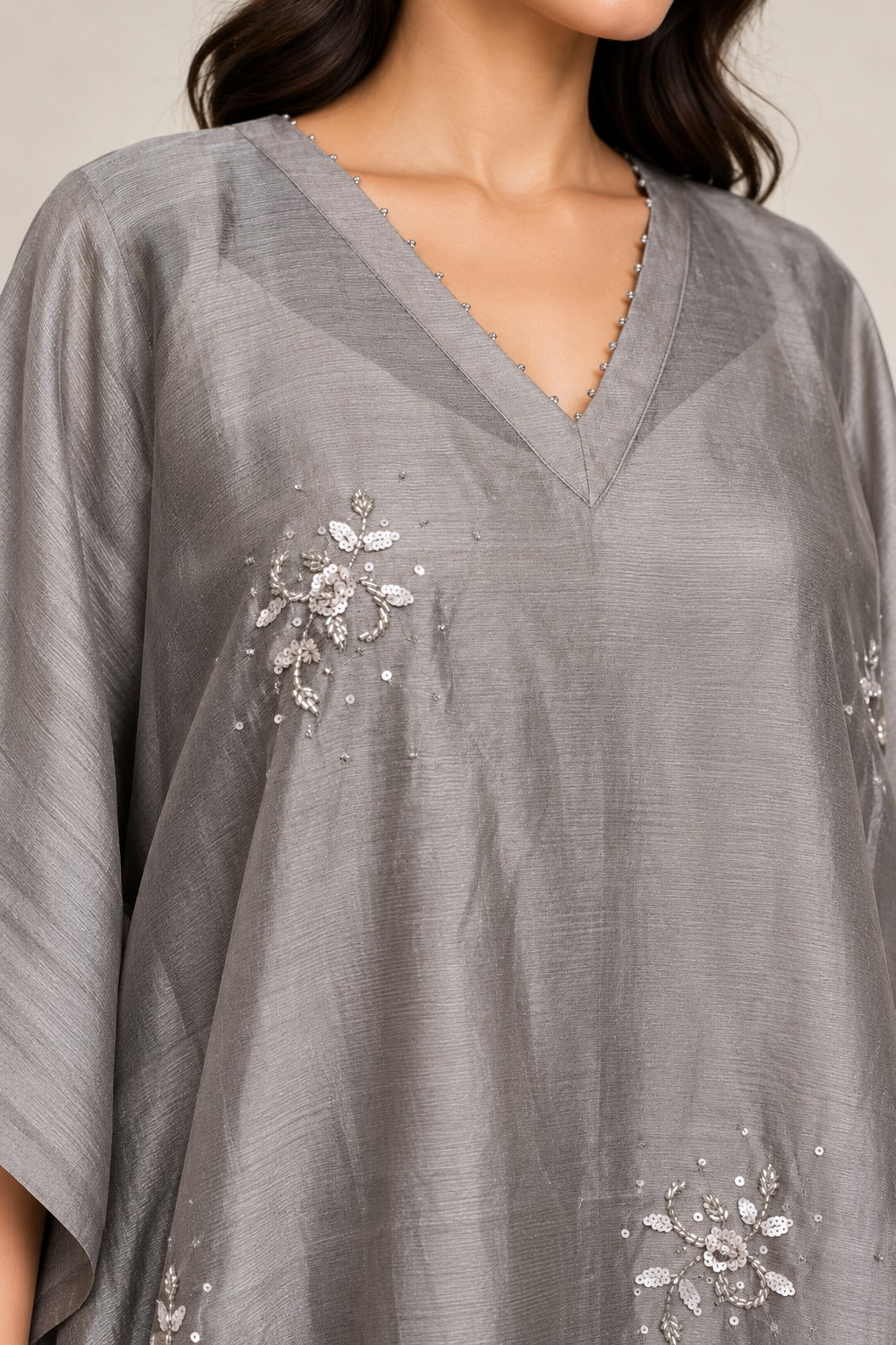 Silvery Gray Embellished Kaftan Set