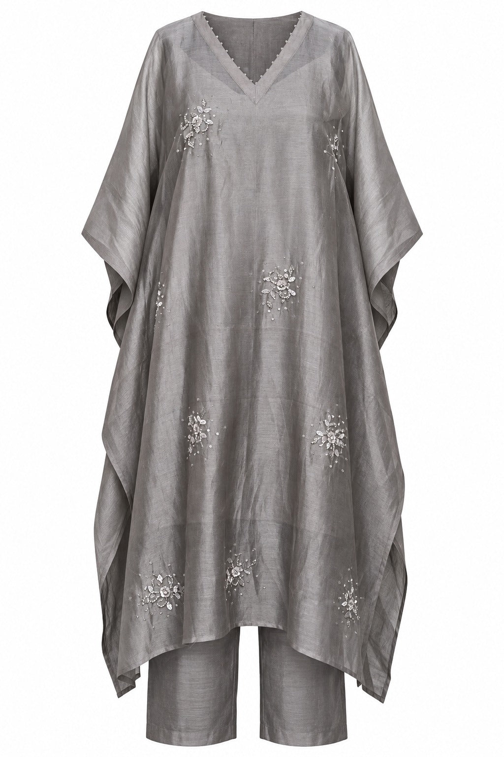 Silvery Gray Embellished Kaftan Set