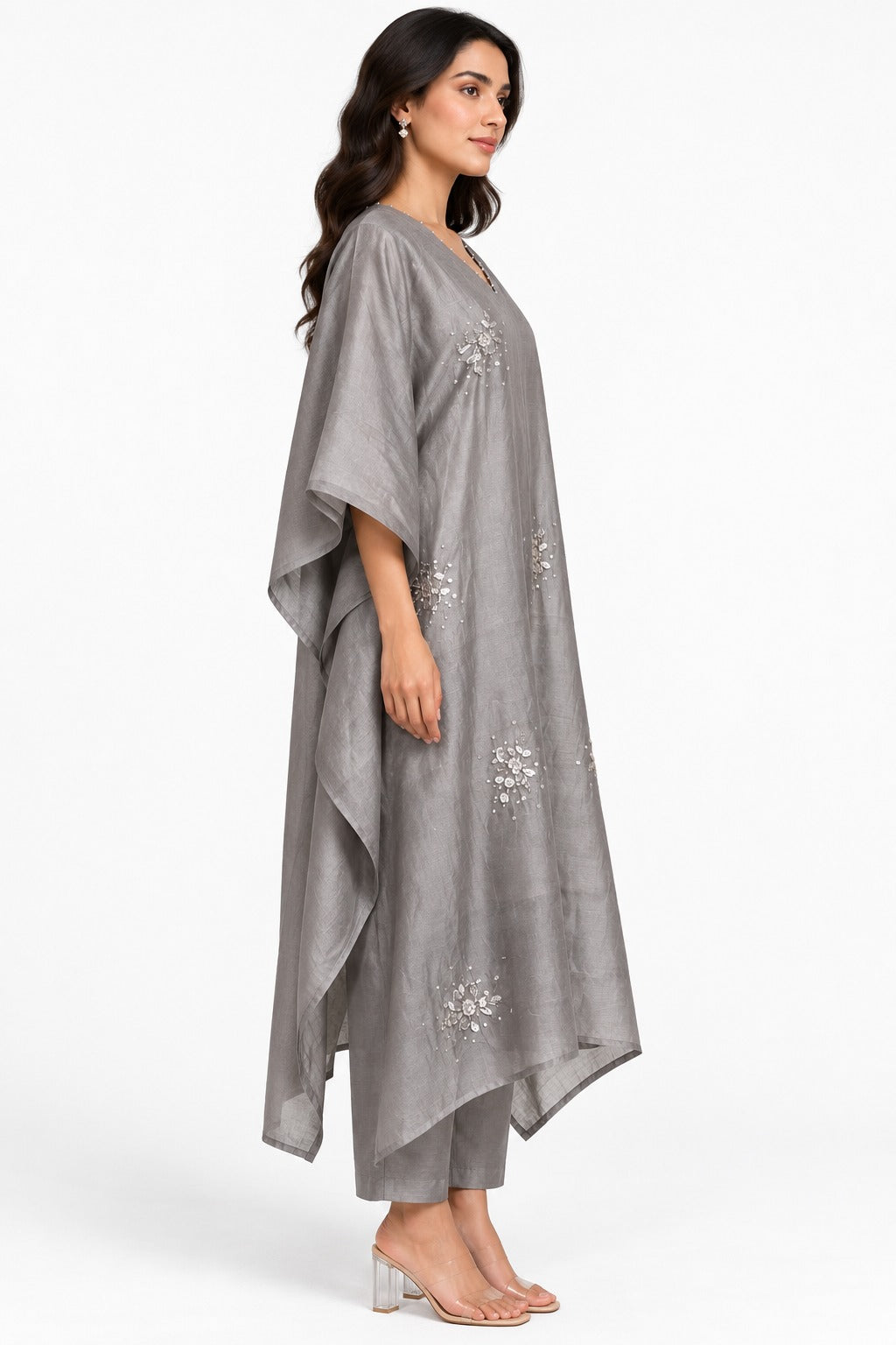 Silvery Gray Embellished Kaftan Set