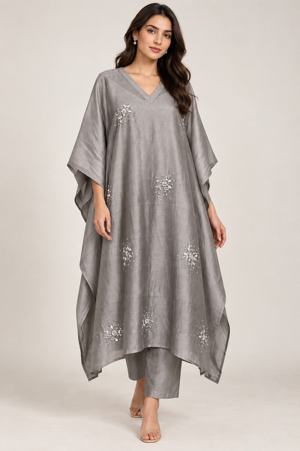 Silvery Gray Embellished Kaftan Set
